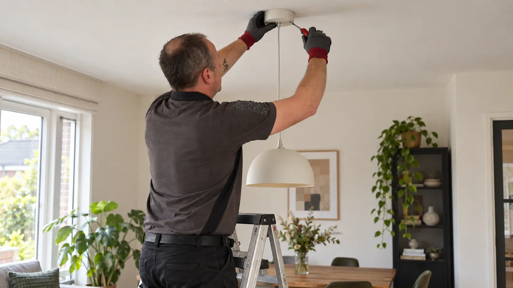 Marc van MT Kluswerk monteert een hanglamp aan het plafond