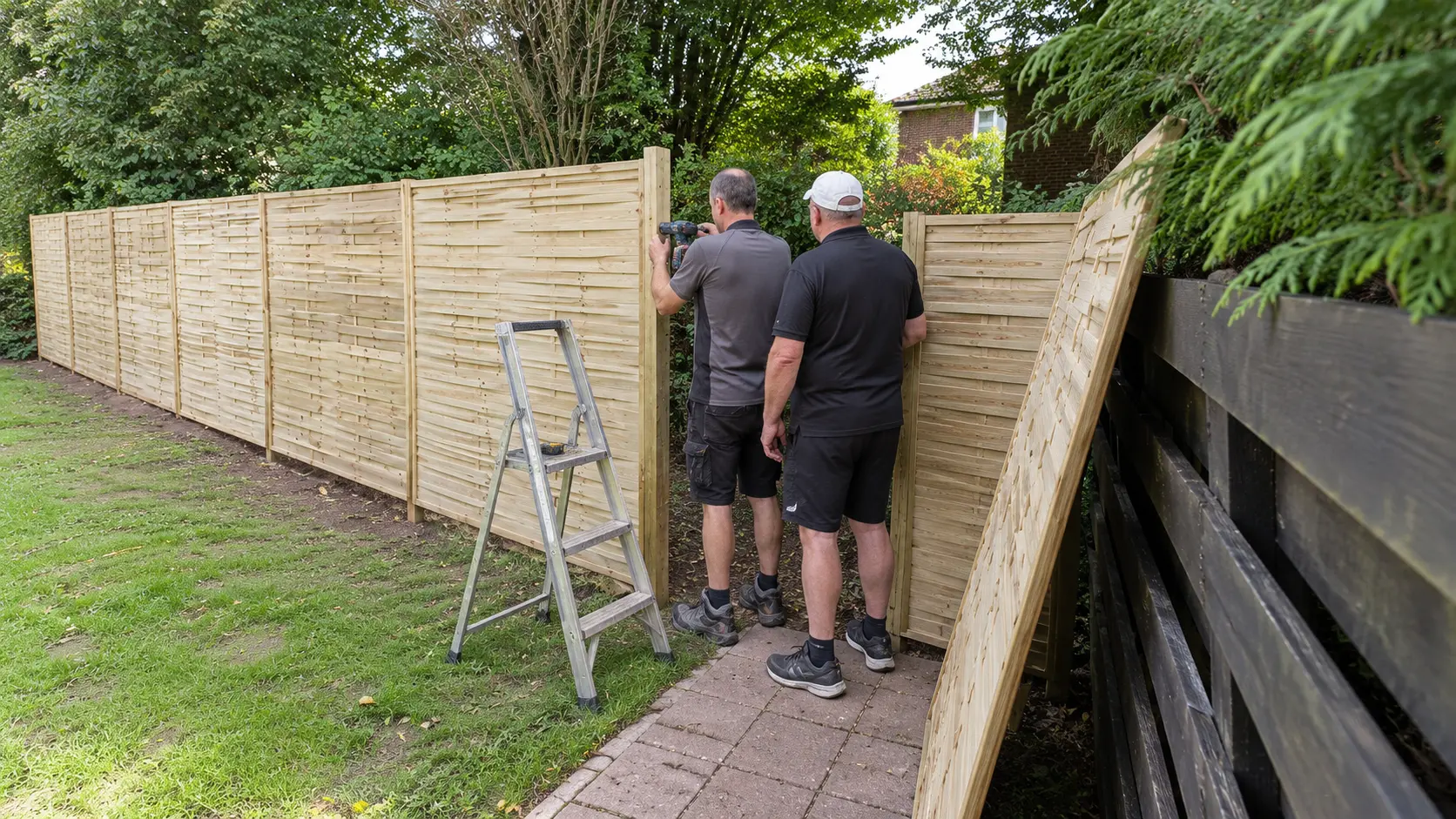 Het plaatsen van houten schuttingpanelen in een tuin