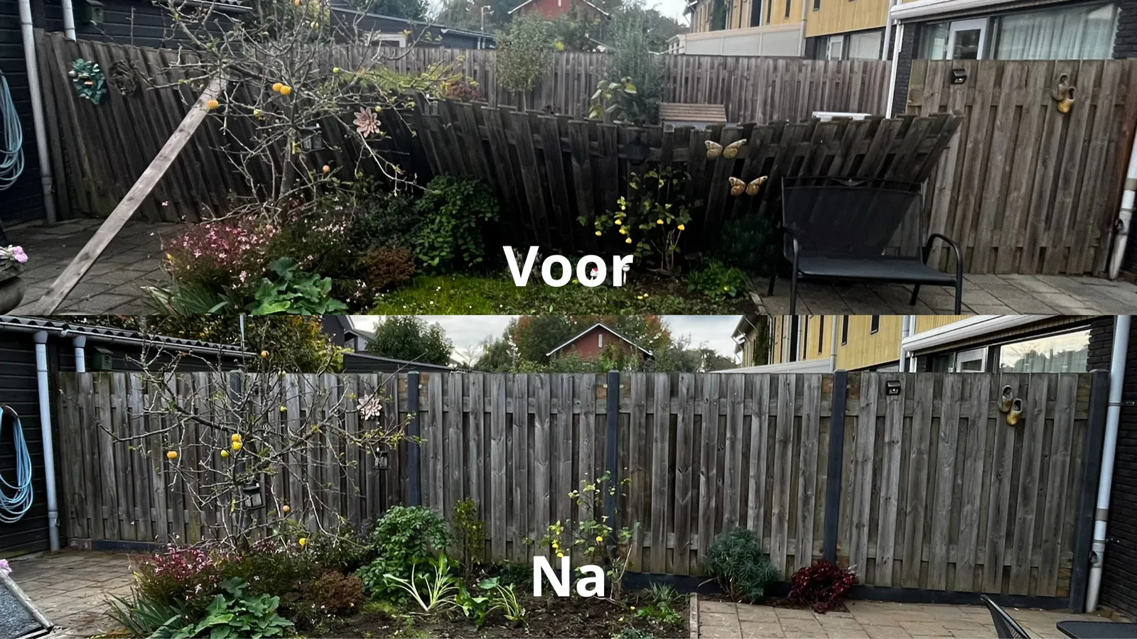 Een schutting die MT Kluswerk verving, voor en na
